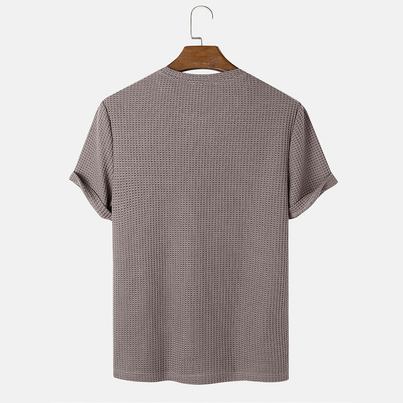 Men's Waffle Knit Solid Color Round Neck Shirt