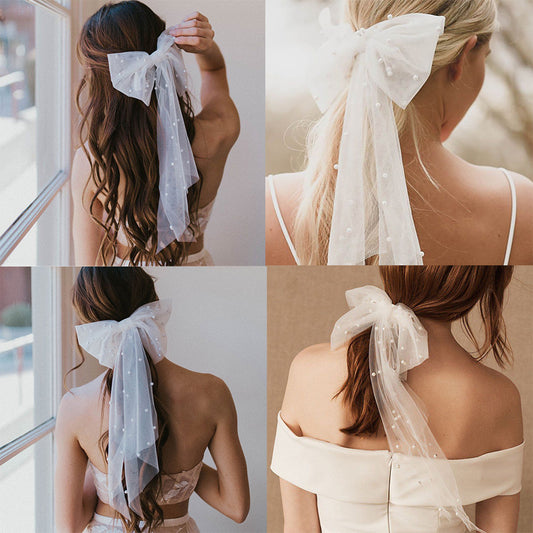 Hair Bow Pearl Mesh Clip