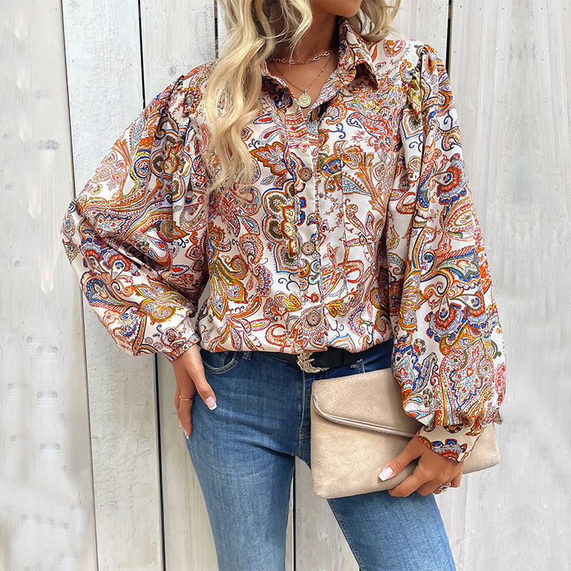 Paisley Printed Collared Button Down Top
