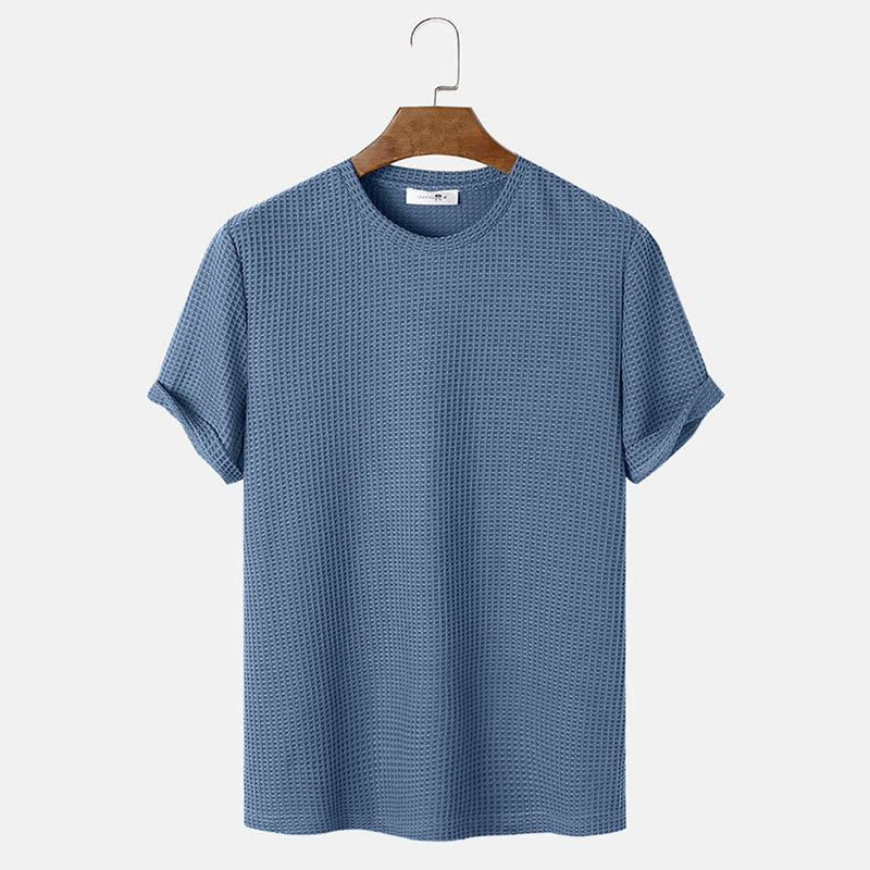 Men's Waffle Knit Solid Color Round Neck Shirt