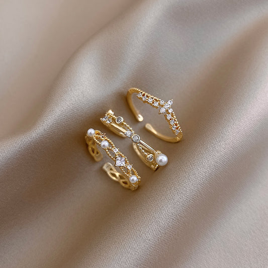 3 Piece Dainty Pearl and Rhinestone Ring Set