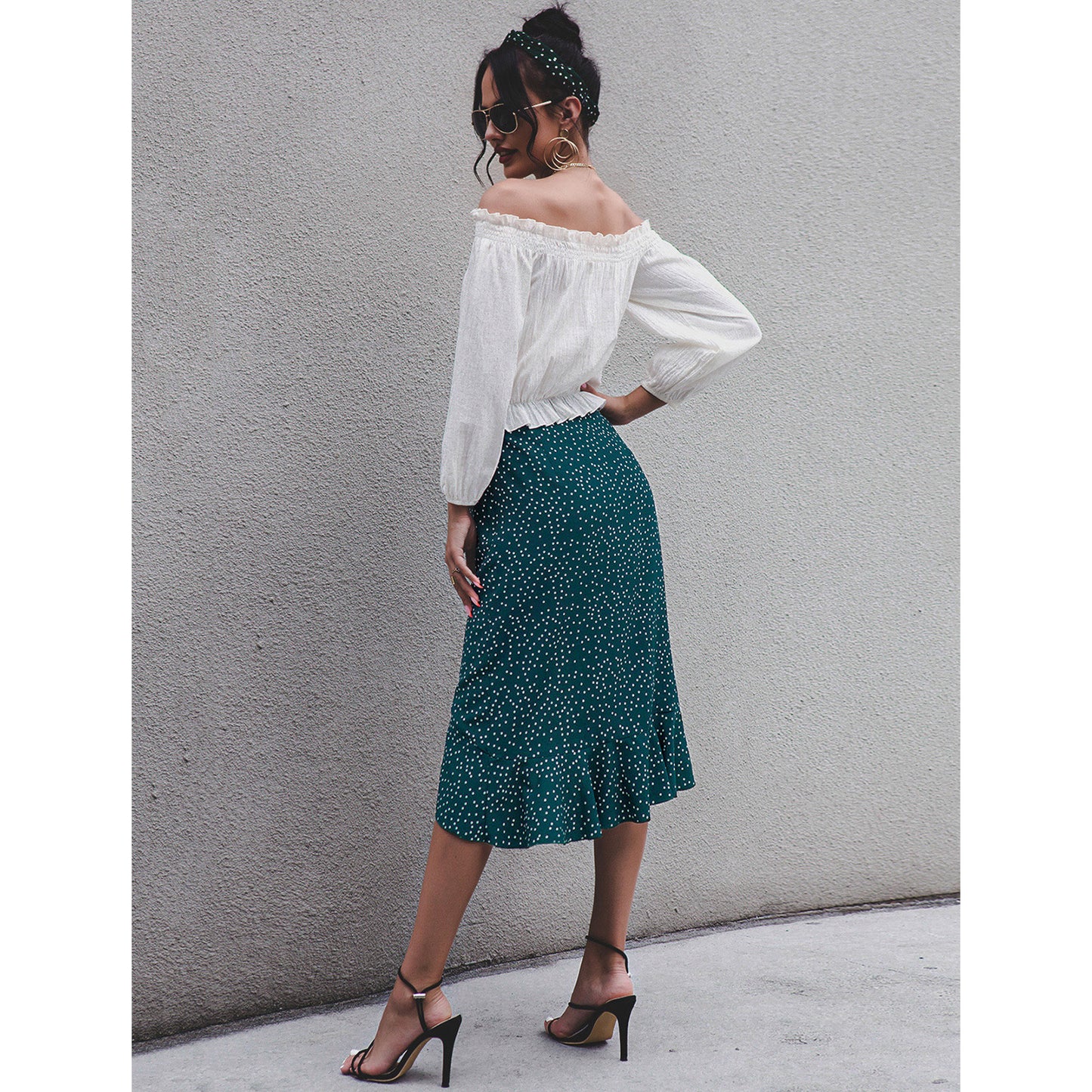 Asymmetrical Ruffle Polka Dot Tea Length Skirt