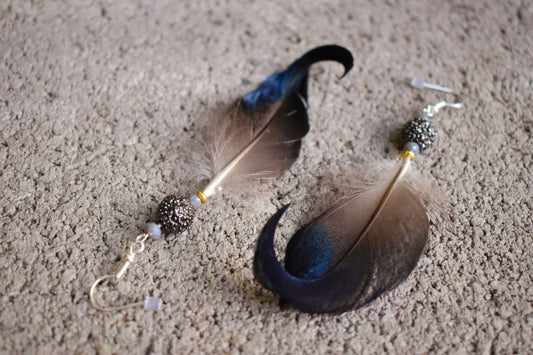 Silver Bead Mallard Drake Feather Earrings
