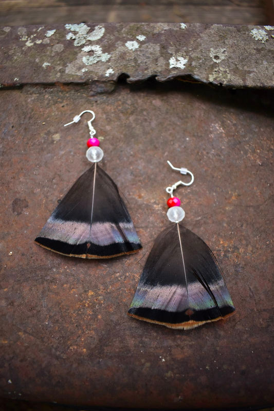 Fuschia & Clear Bead Turkey Feather Earrings