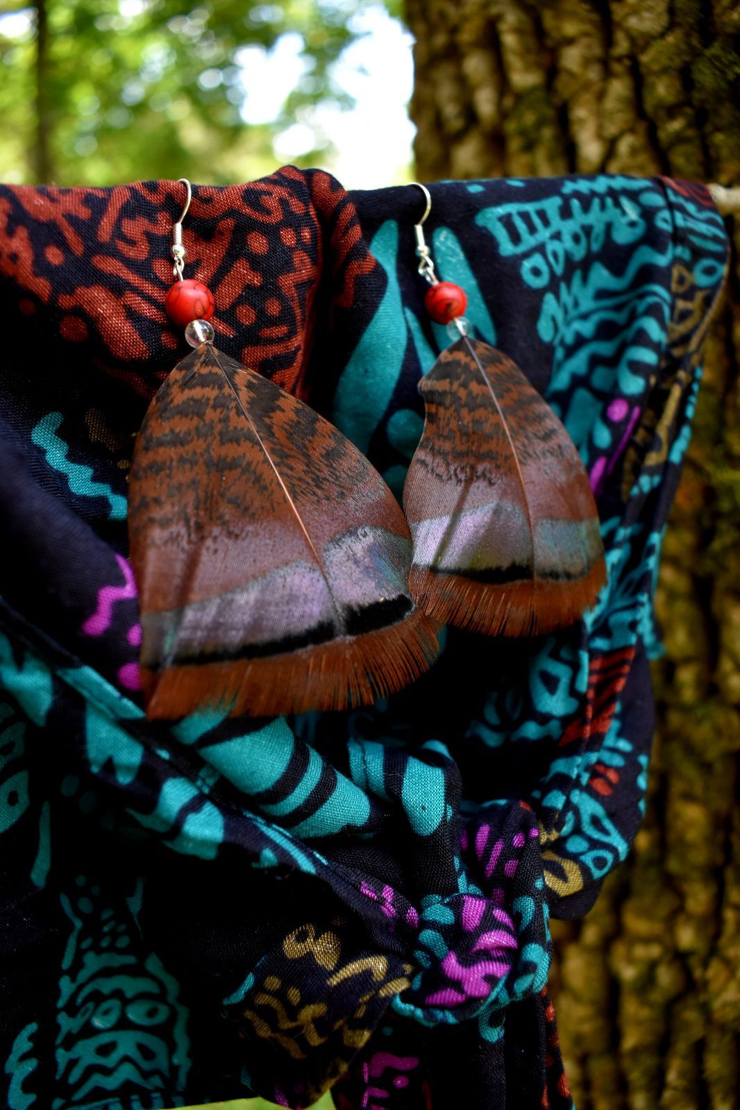 Red & Clear Turkey Feather Earrings