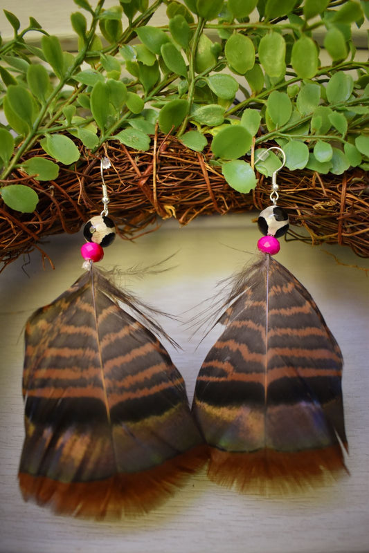 Cowprint & Pink Bead Turkey Feather Earrings