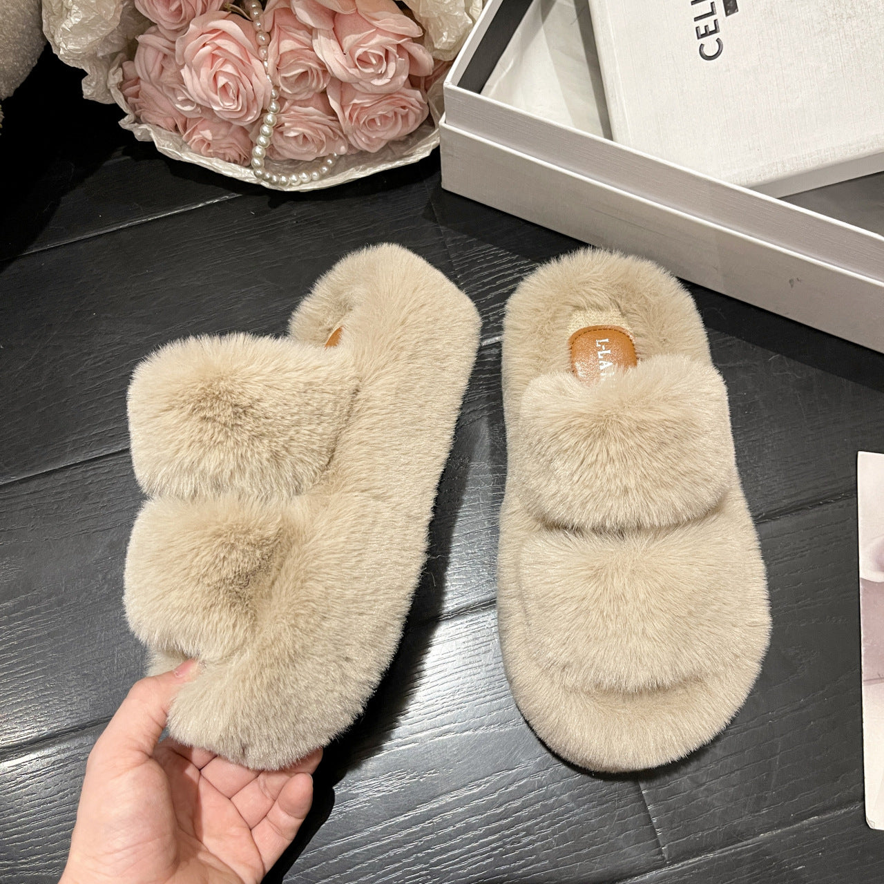 Platform Fuzzy Strappy Slippers