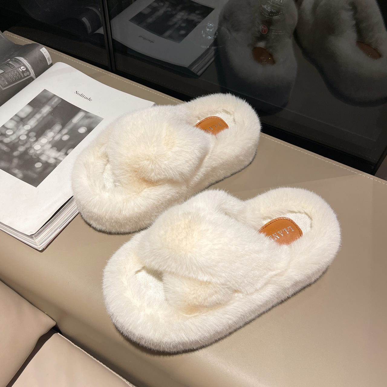 Platform Fuzzy Strappy Slippers