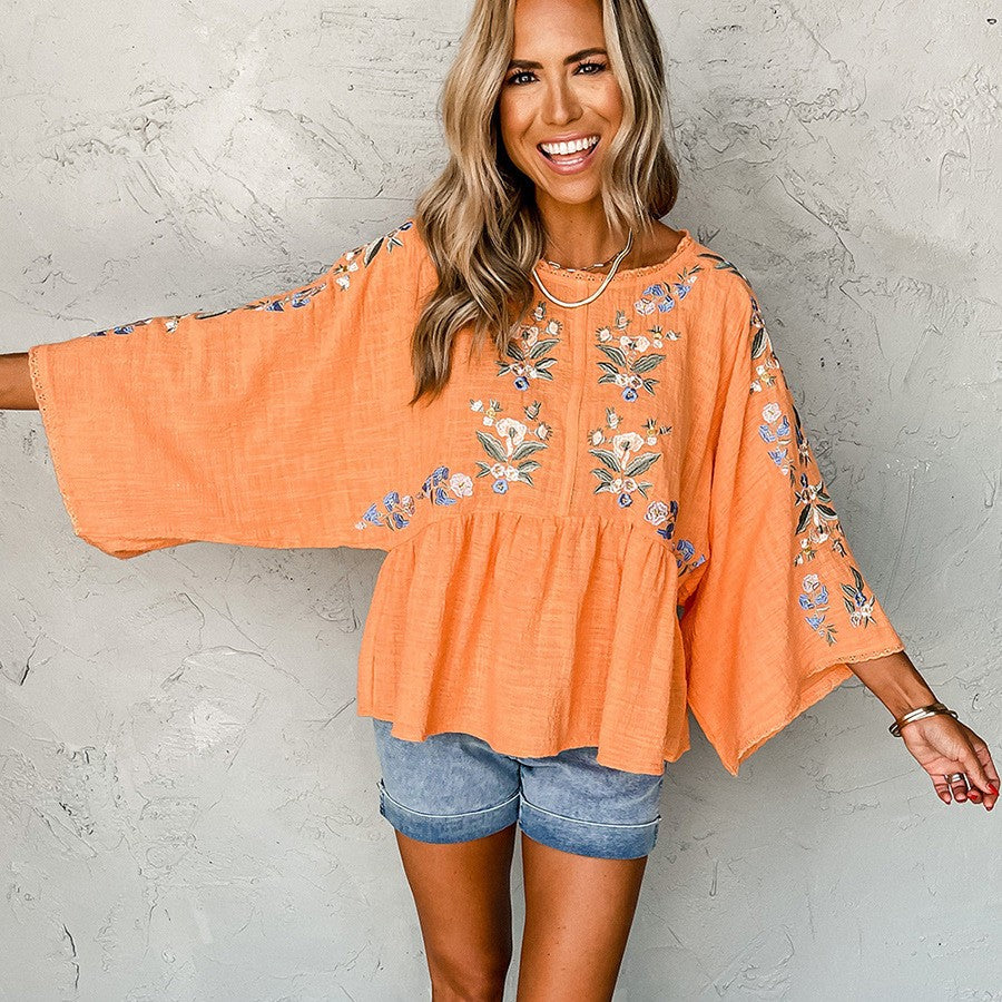 Floral Embroidered Batwing Long Sleeve Top