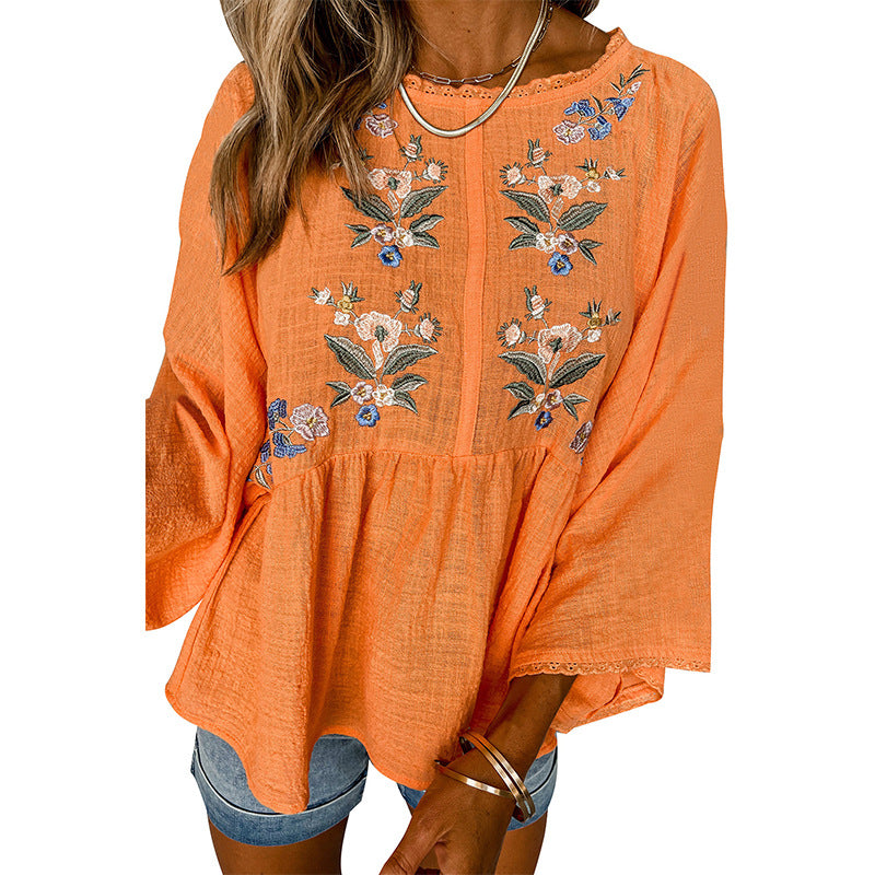 Floral Embroidered Batwing Long Sleeve Top