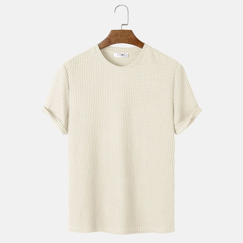Men's Waffle Knit Solid Color Round Neck Shirt