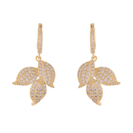 Gold Leaf Rhinestone Dangle Earrings