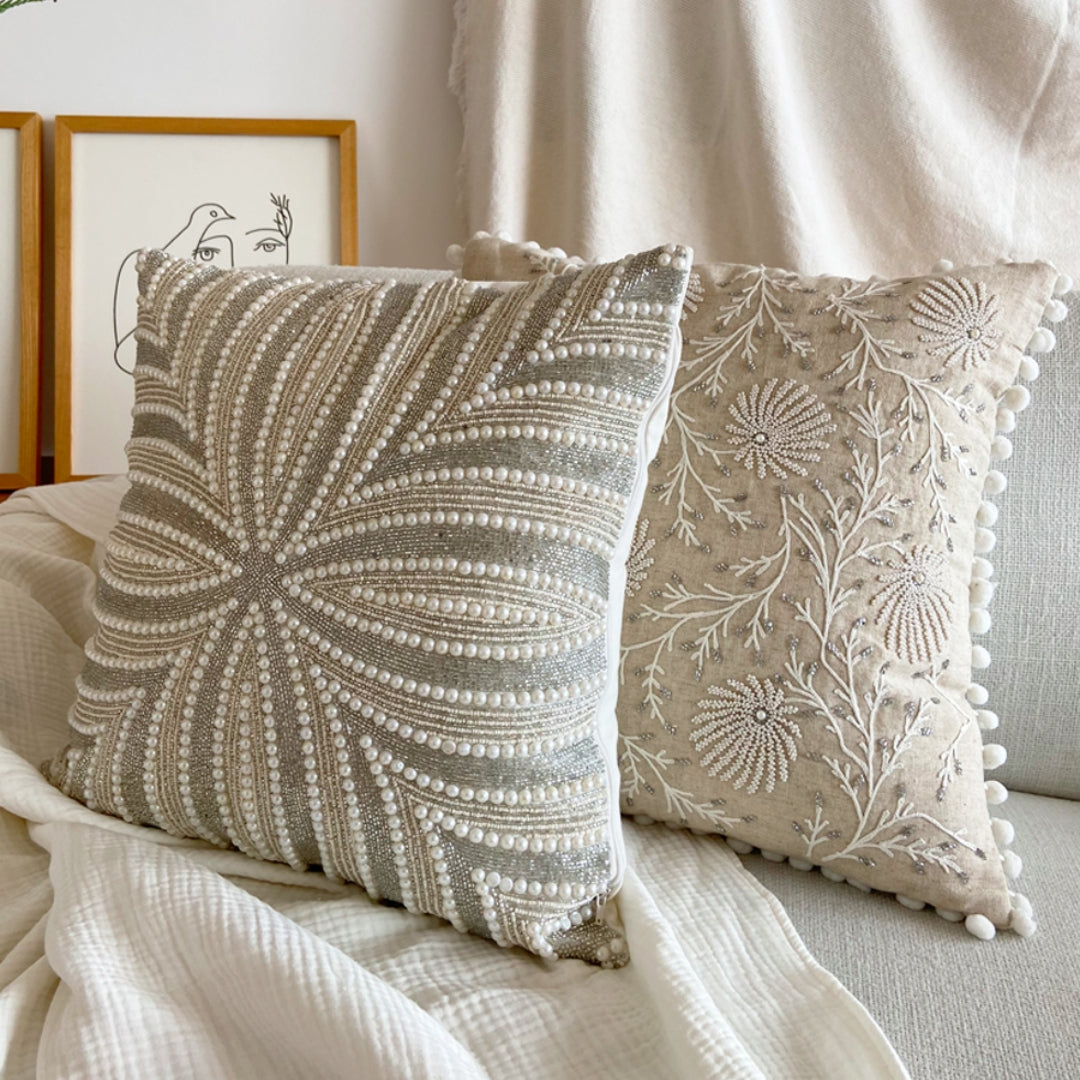 Floral/ Botanical/ Pearl Beadwork Decorative Throw Pillow