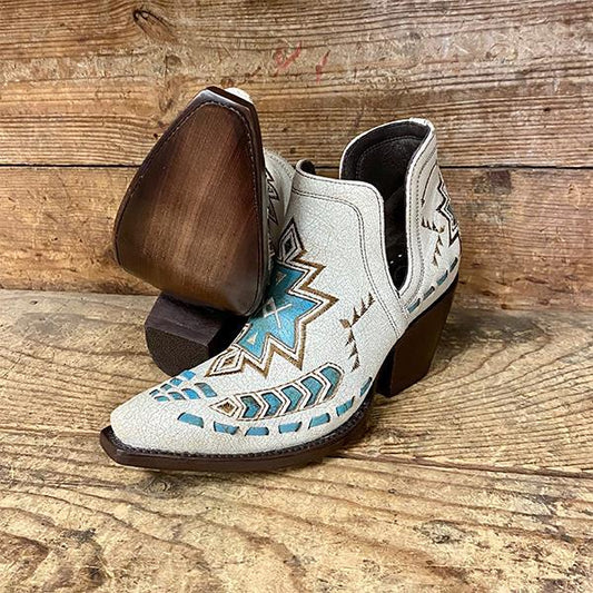 Cut-out Ivory and Turquoise Aztec Western Boot